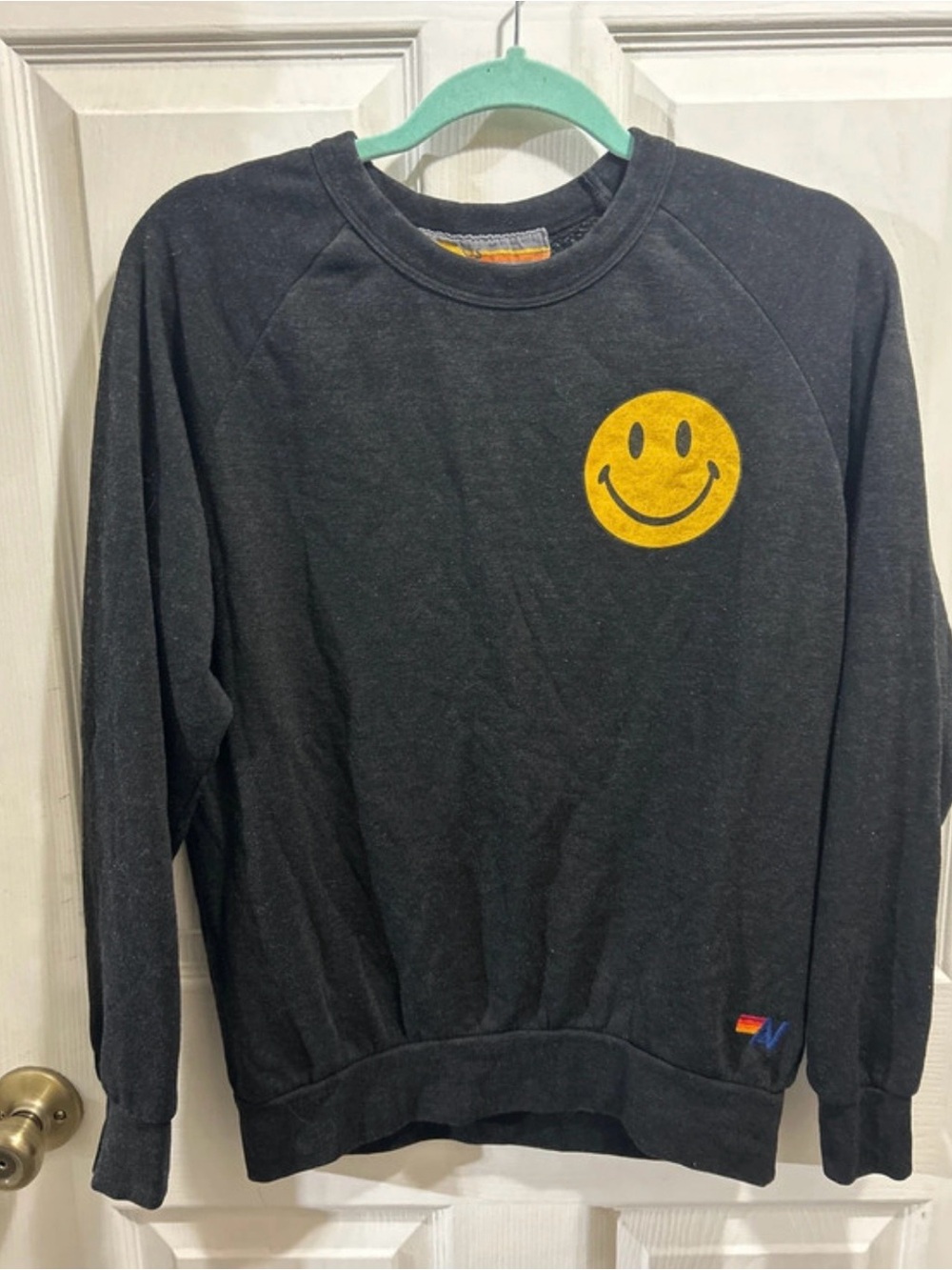 Aviator Nation Black Crewneck Sweater with Yellow Smiley